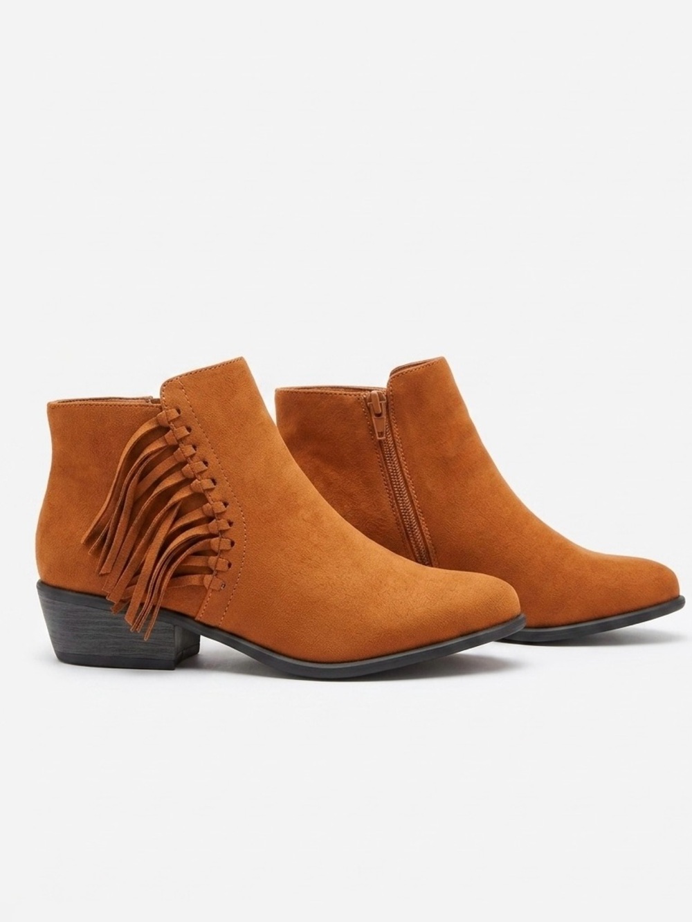 BAMBOO Fringe Ankle Booties in Cognac Brown